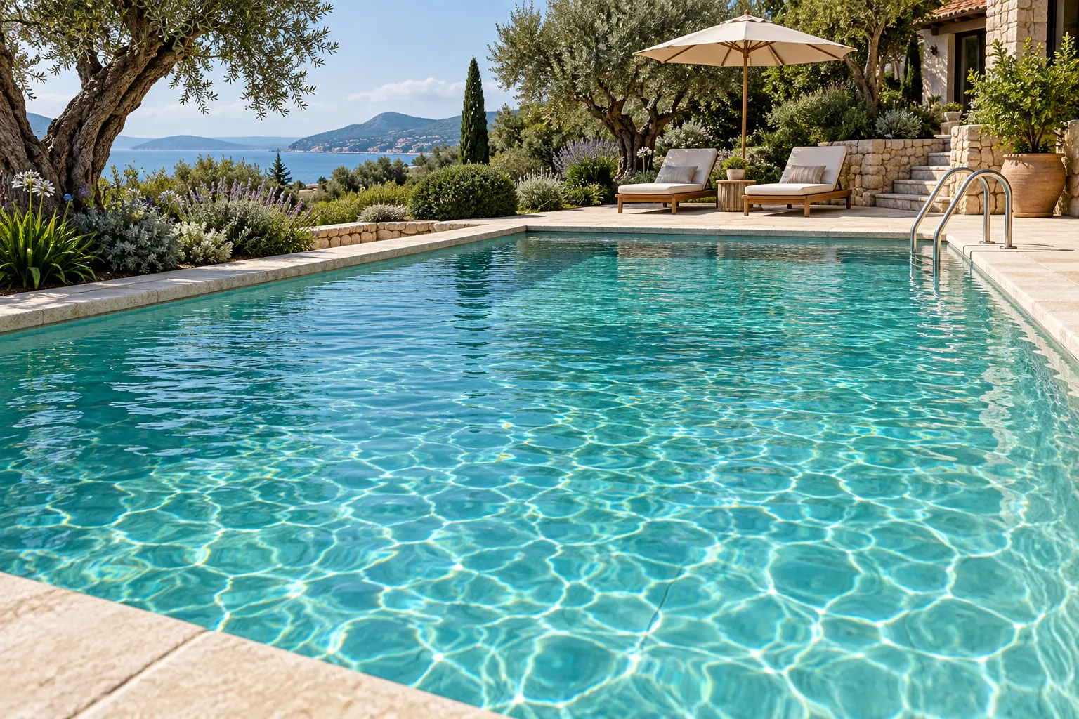Illustrative outdoor pool with nearby trees, a waterline and a clear view of the pool floor